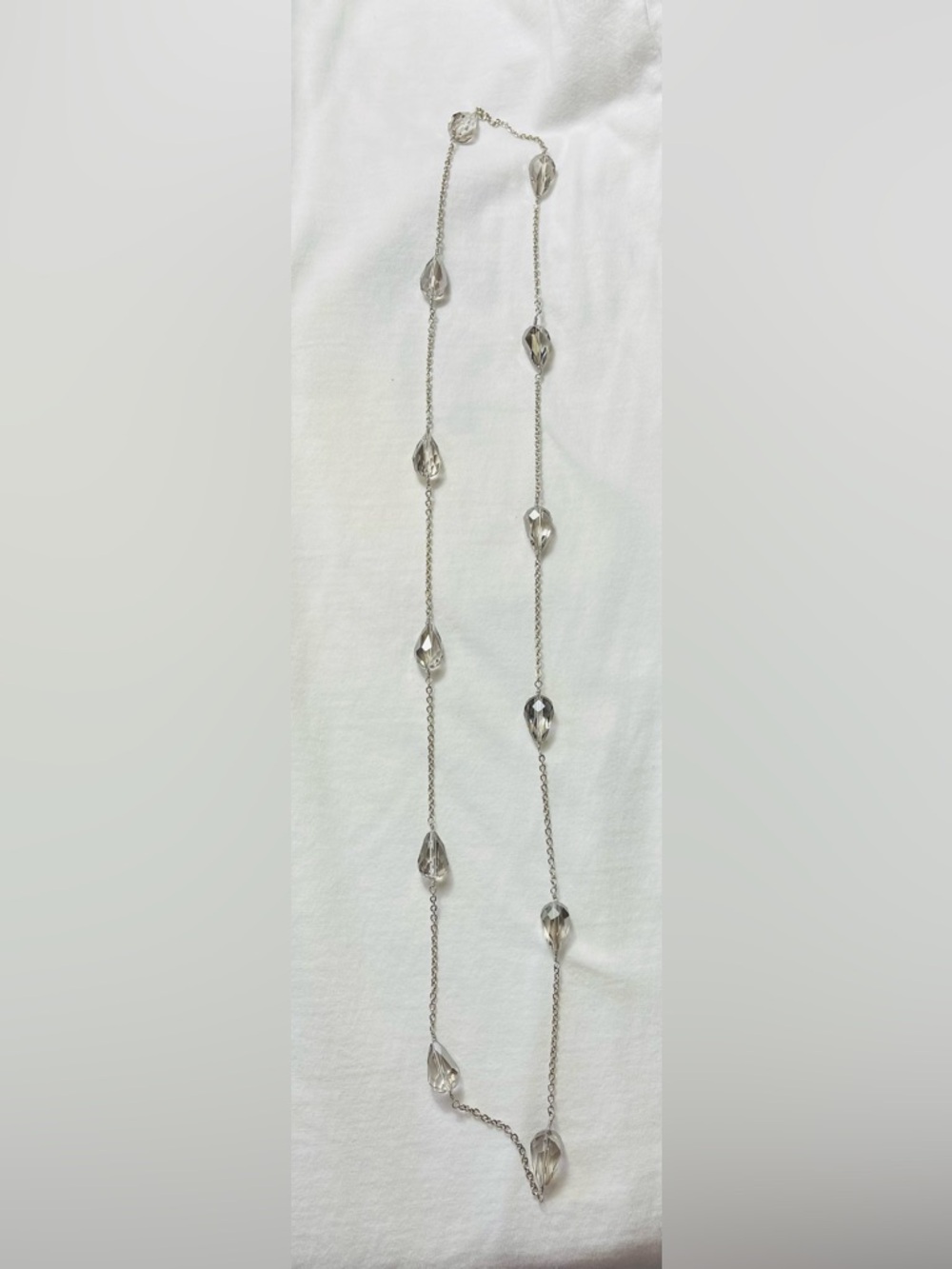Vintage 90s Silver Crystal Teardrop Station Necklace - Clear/Silver 18”